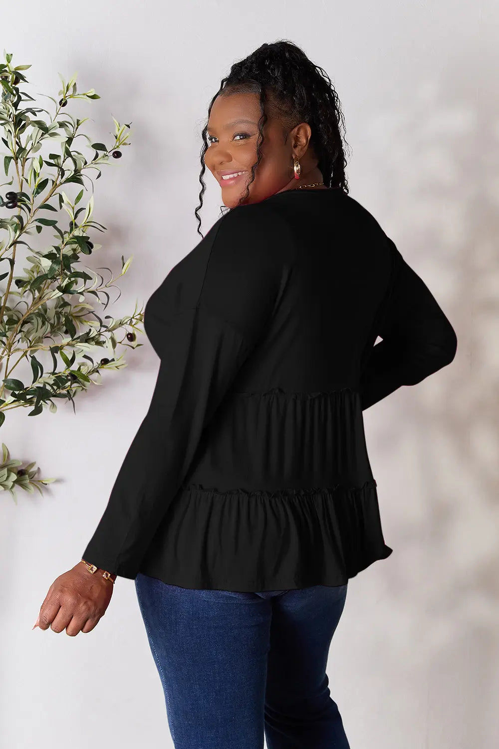 Double Take Half Button Long Sleeve Ruffle Hem Blouse - LoveNest Treasures
