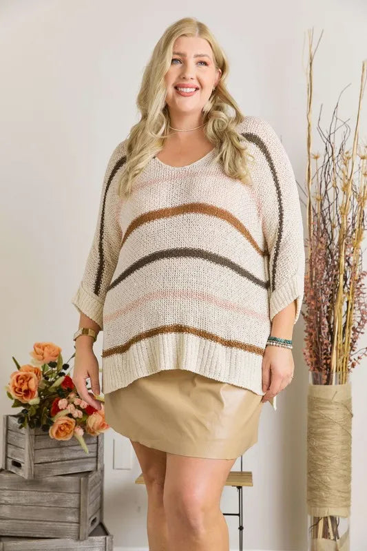 ADORA Full Size Multi Color Strip Sweater Plus Size - LoveNest Treasures