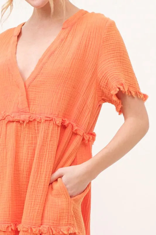 And The Why Washed Frayed Detail Tiered Dress - LoveNest Treasures