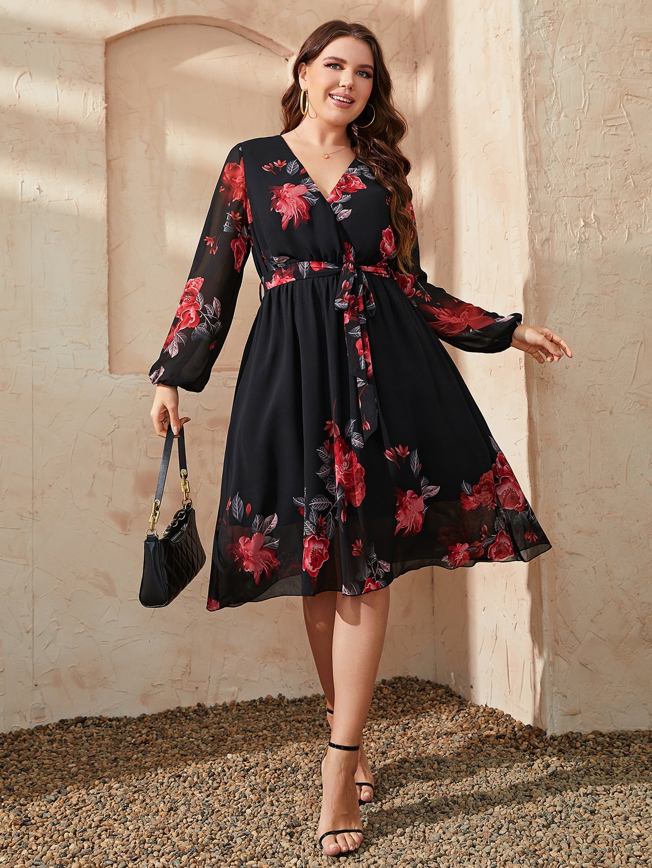 Honey Plus Size Floral Surplice Neck Tie Waist Dress - LoveNest Treasures