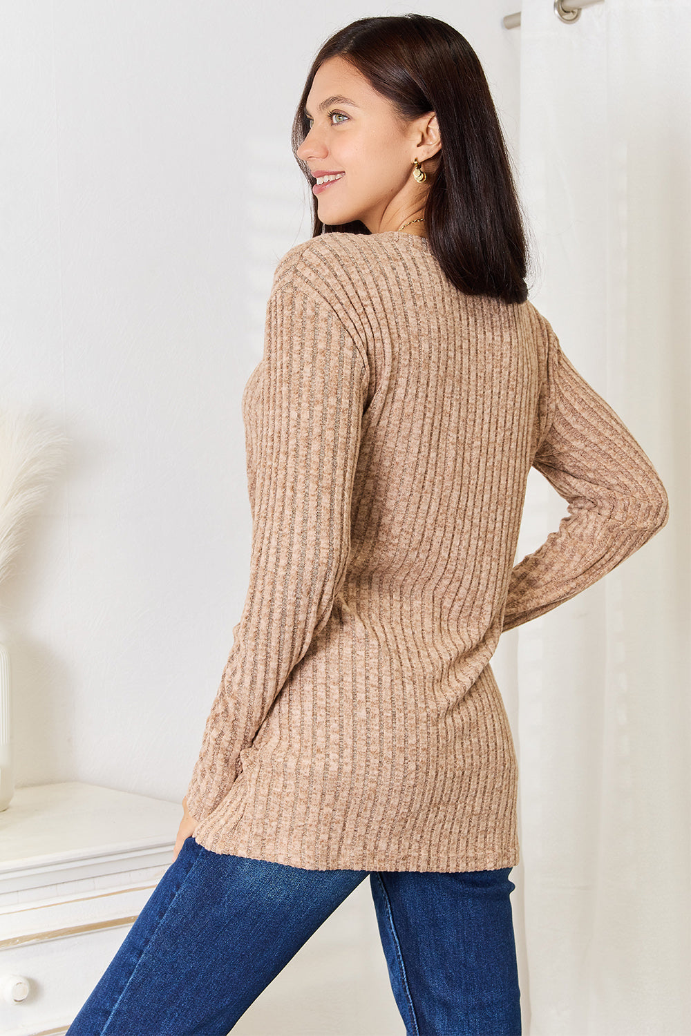 Double Take Notched Neck Ribbed Long Sleeve T-Shirt - LoveNest Treasures
