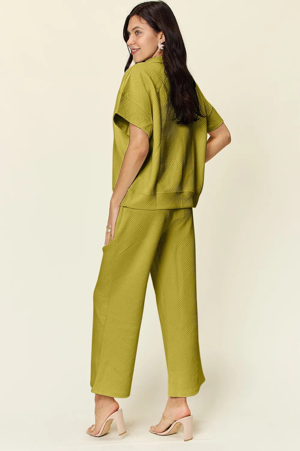 Double Take Full Size Texture Half Zip Short Sleeve Top and Pants Set - LoveNest Treasures