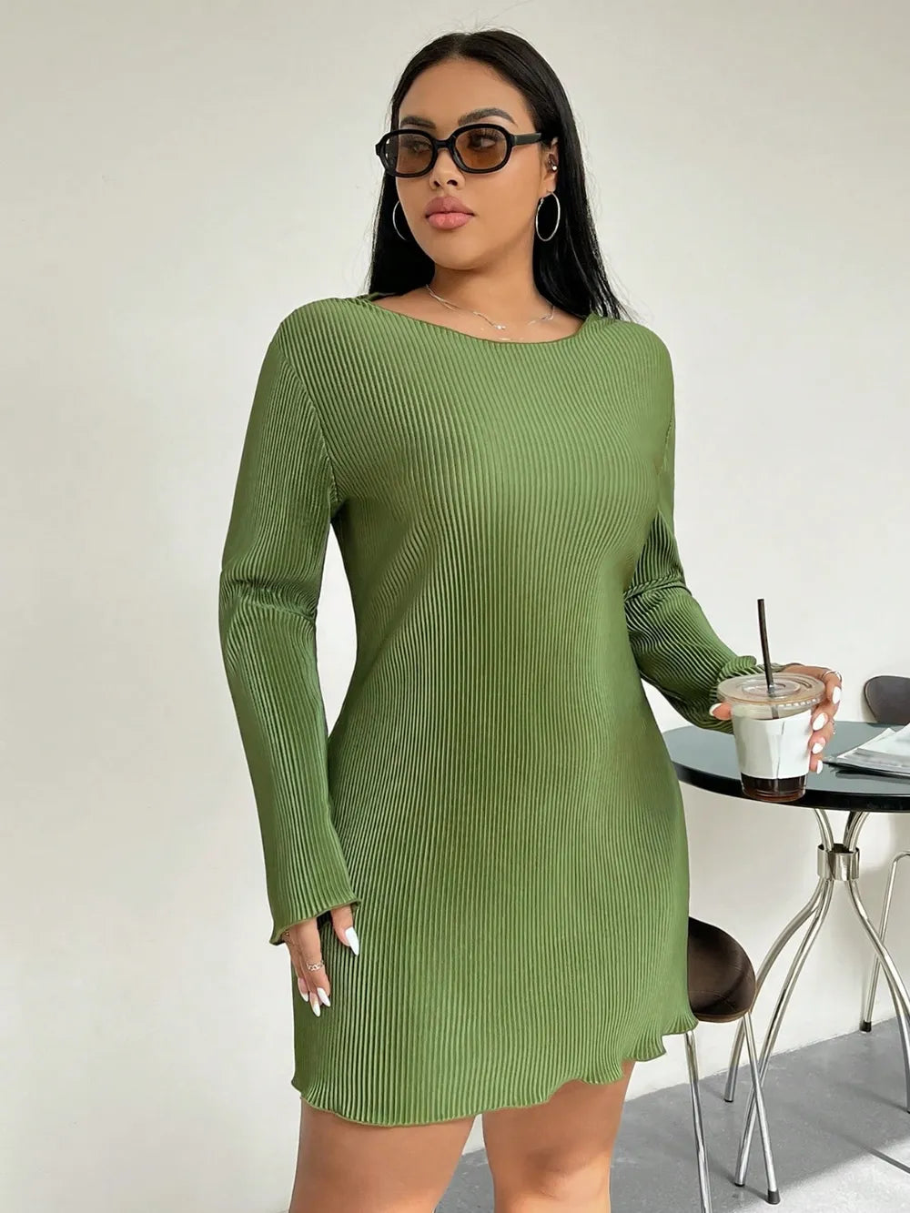 Honey Plus Size Lettuce Hem Round Neck Long Sleeve Dress - LoveNest Treasures