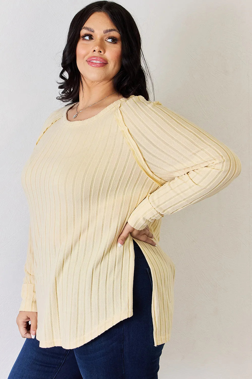 Basic Bae Full Size Ribbed Round Neck Slit T-Shirt - LoveNest Treasures