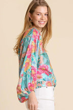 Umgee USA Full Size Floral Print Smocked Back Hem V-Neck Blouse Plus Size - LoveNest Treasures