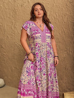 Plus Size Printed V-Neck Cap Sleeve Maxi Dress - LoveNest Treasures