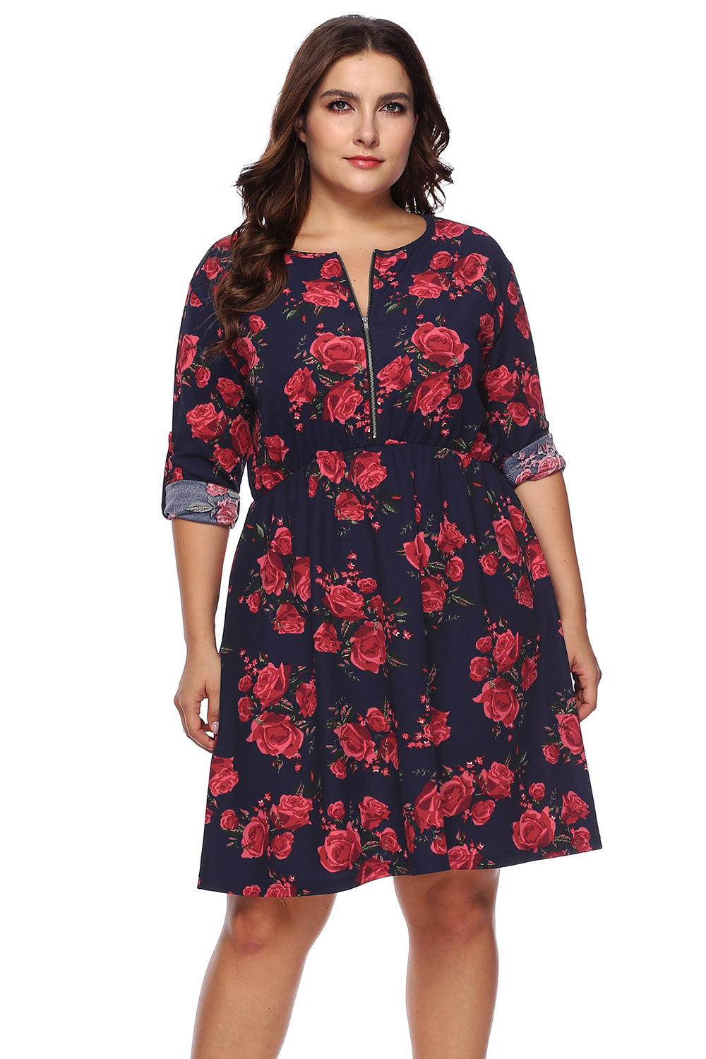 Plus Size Floral Print Half Zip Up Dress - LoveNest Treasures