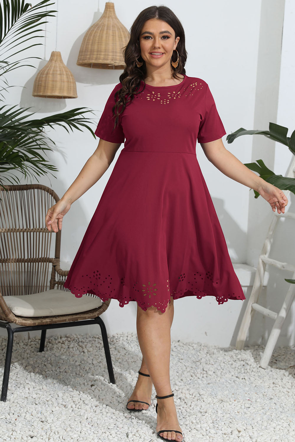Plus Size Round Neck Openwork Dress - LoveNest Treasures