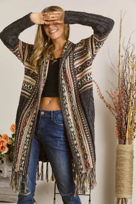 ADORA Full Size Fringe Hem Aztec Cardigan Plus Size - LoveNest Treasures