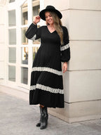 Plus Size Lace Detail V-Neck Long Sleeve Midi Dress - LoveNest Treasures
