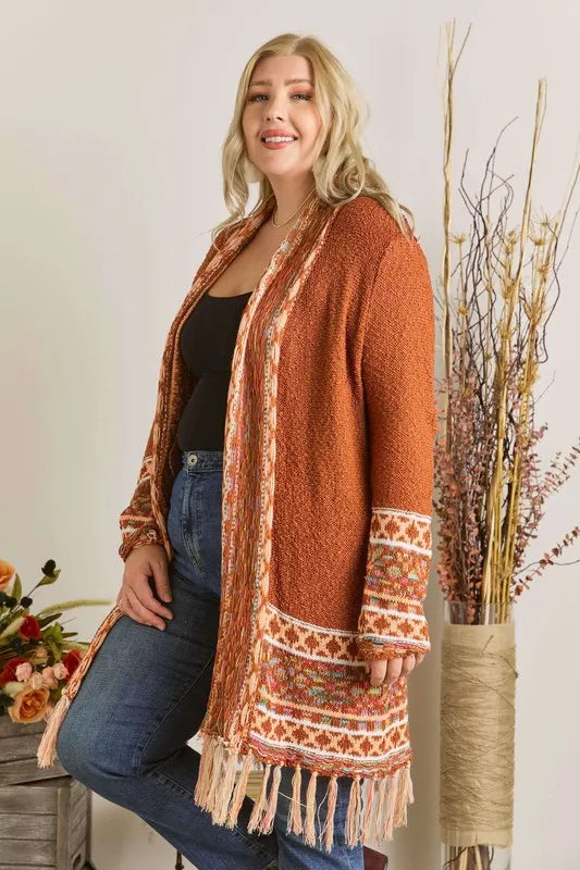 ADORA Full Size Fringe Hem Aztec Border Cardigan Plus Size - LoveNest Treasures