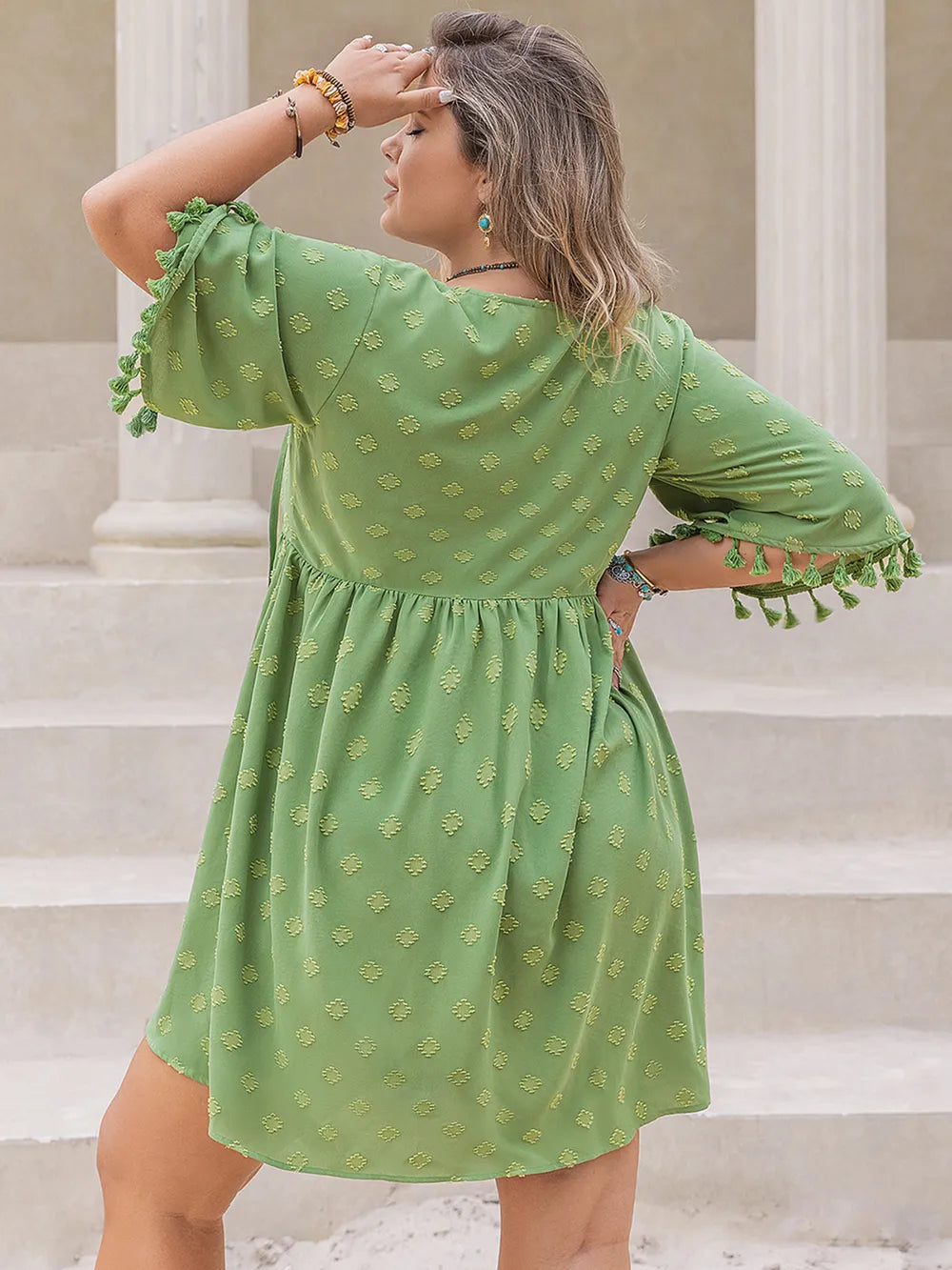 Plus Size Tied Tassel Half Sleeve Mini Dress - LoveNest Treasures