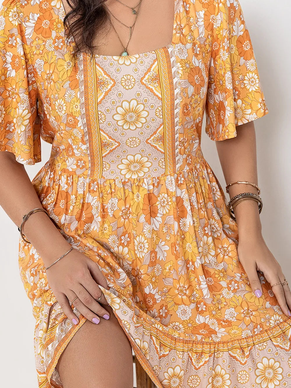 Plus Size Printed Square Neck Short Sleeve Dress - LoveNest Treasures