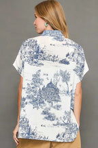 Umgee Full Size Two Tone Print Button Up Short Sleeve Shirt Plus Size - LoveNest Treasures