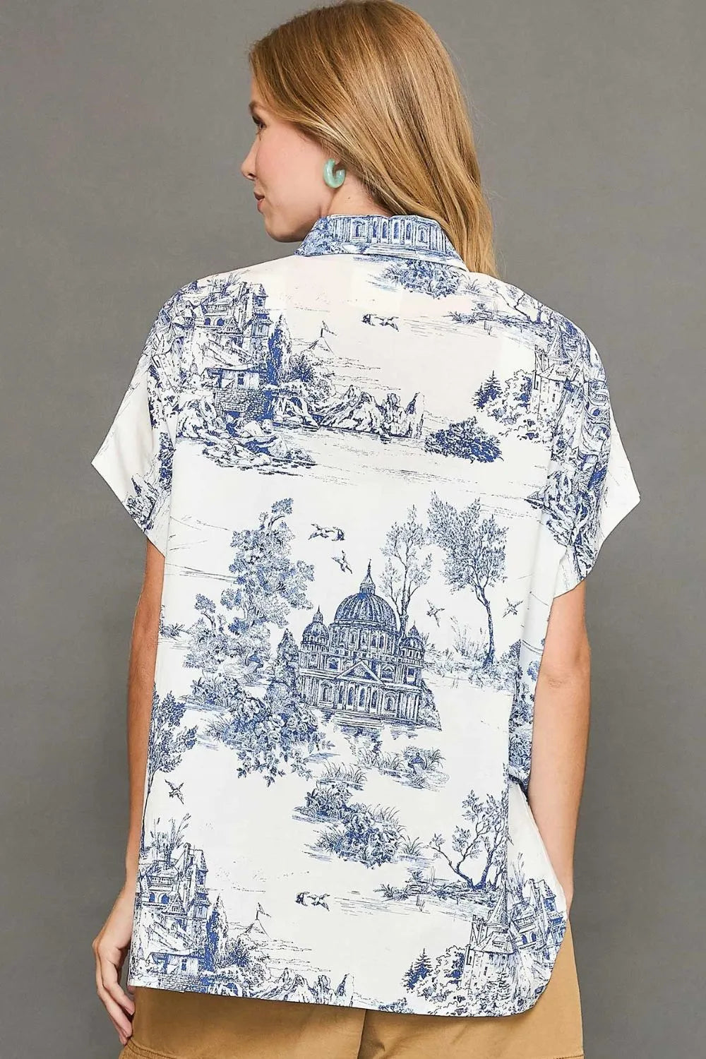 Umgee Full Size Two Tone Print Button Up Short Sleeve Shirt Plus Size - LoveNest Treasures