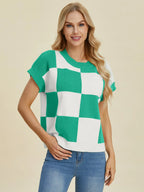Double Take Full Size Checkered Round Neck Short Sleeve Sweater - LoveNest Treasures