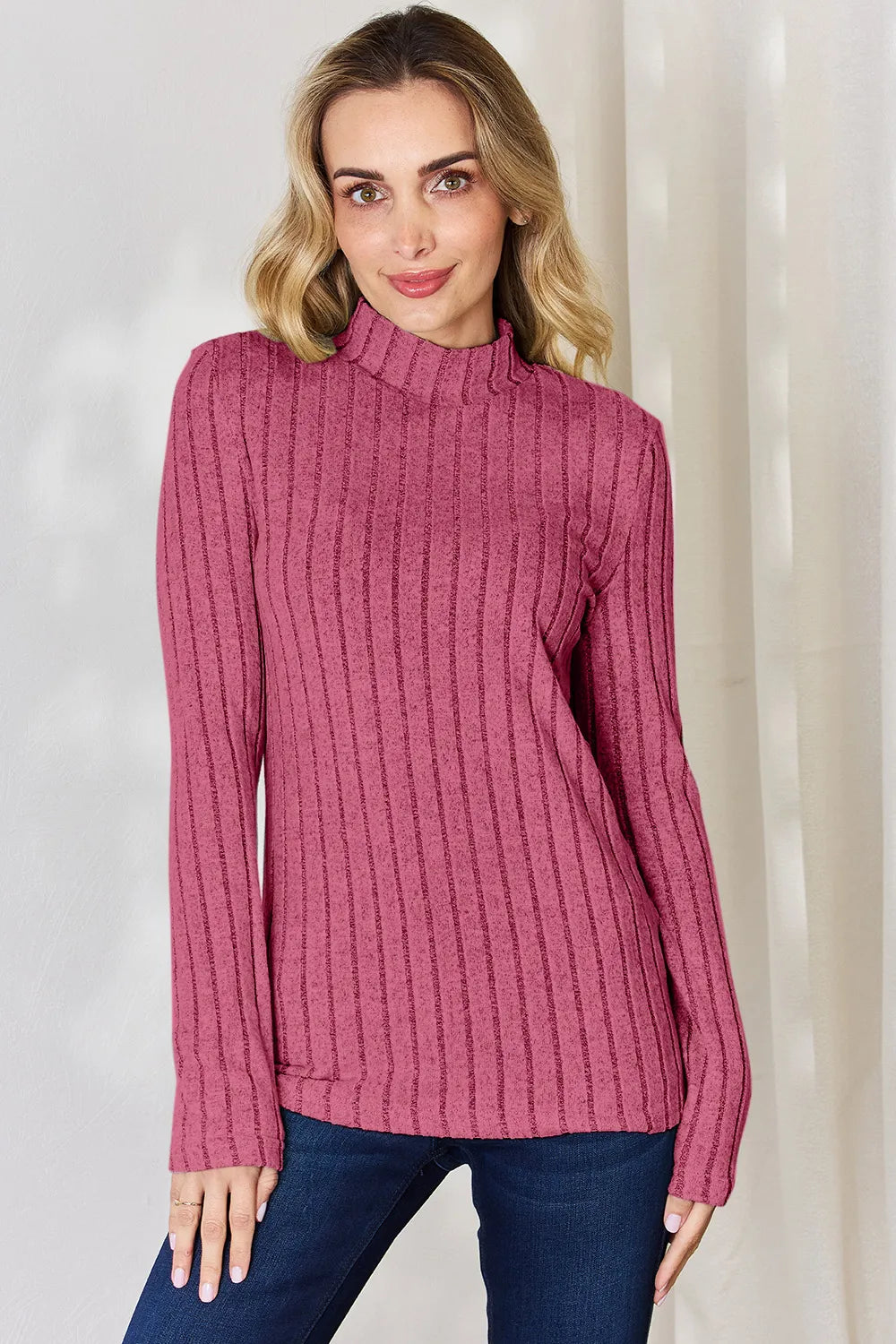 Basic Bae Full Size Ribbed Mock Neck Long Sleeve T-Shirt - LoveNest Treasures