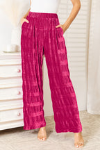 Double Take Full Size High Waist Tiered Shirring Velvet Wide Leg Pants - LoveNest Treasures