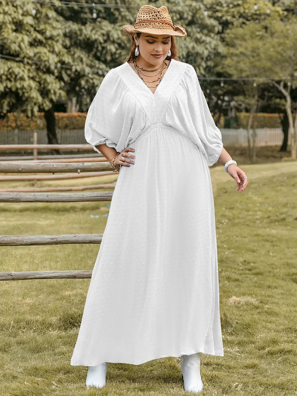 Plus Size Swiss Dot V-Neck Three-Quarter Sleeve Dress - LoveNest Treasures