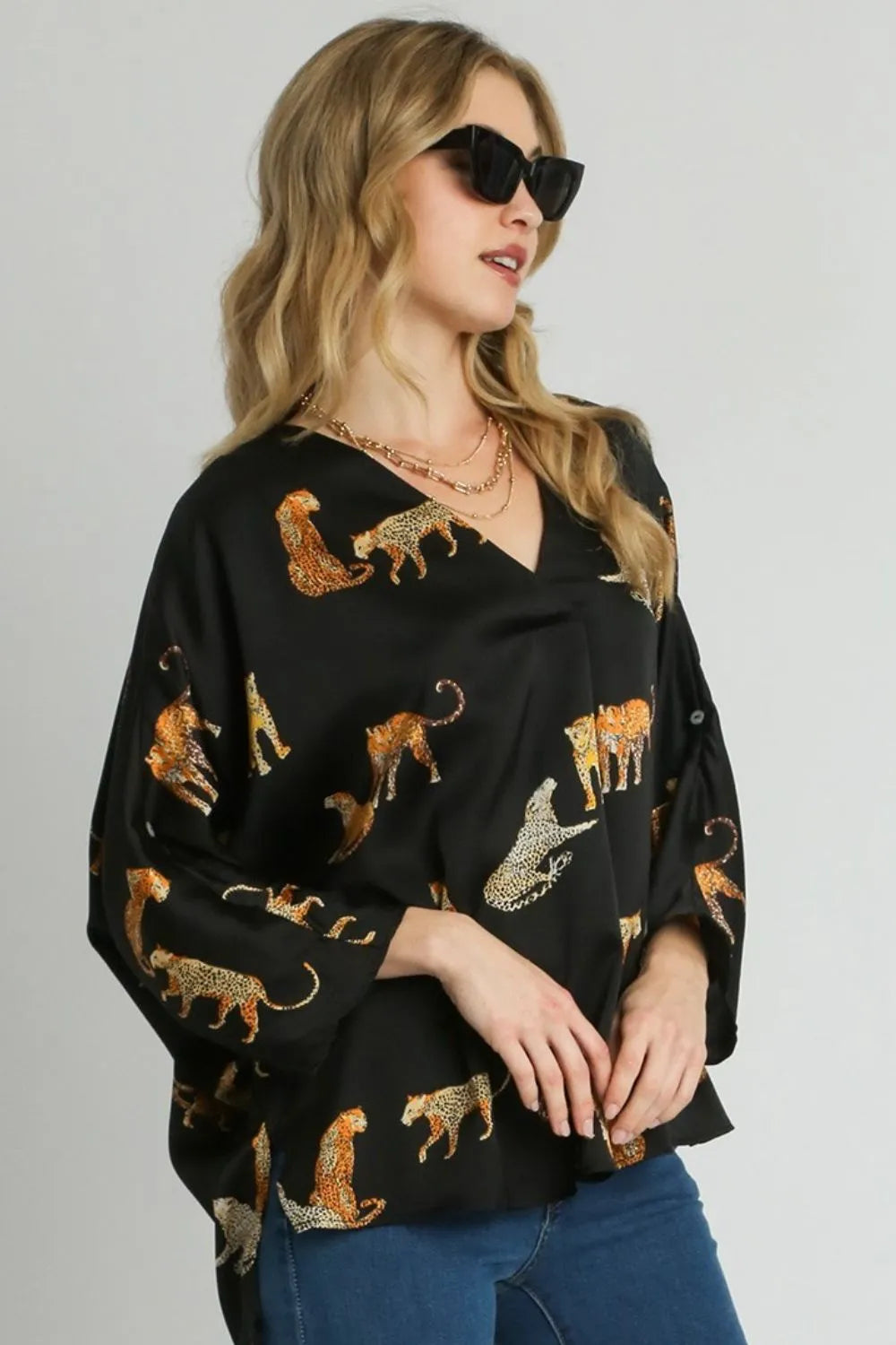 Umgee Full Size High-Low Satin Animal Print V-Neck Blouse Plus Size - LoveNest Treasures
