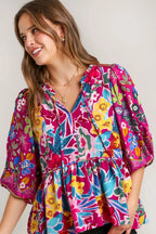 Umgee Full Size Floral Print Tie Neck Peplum Blouse Plus Size - LoveNest Treasures