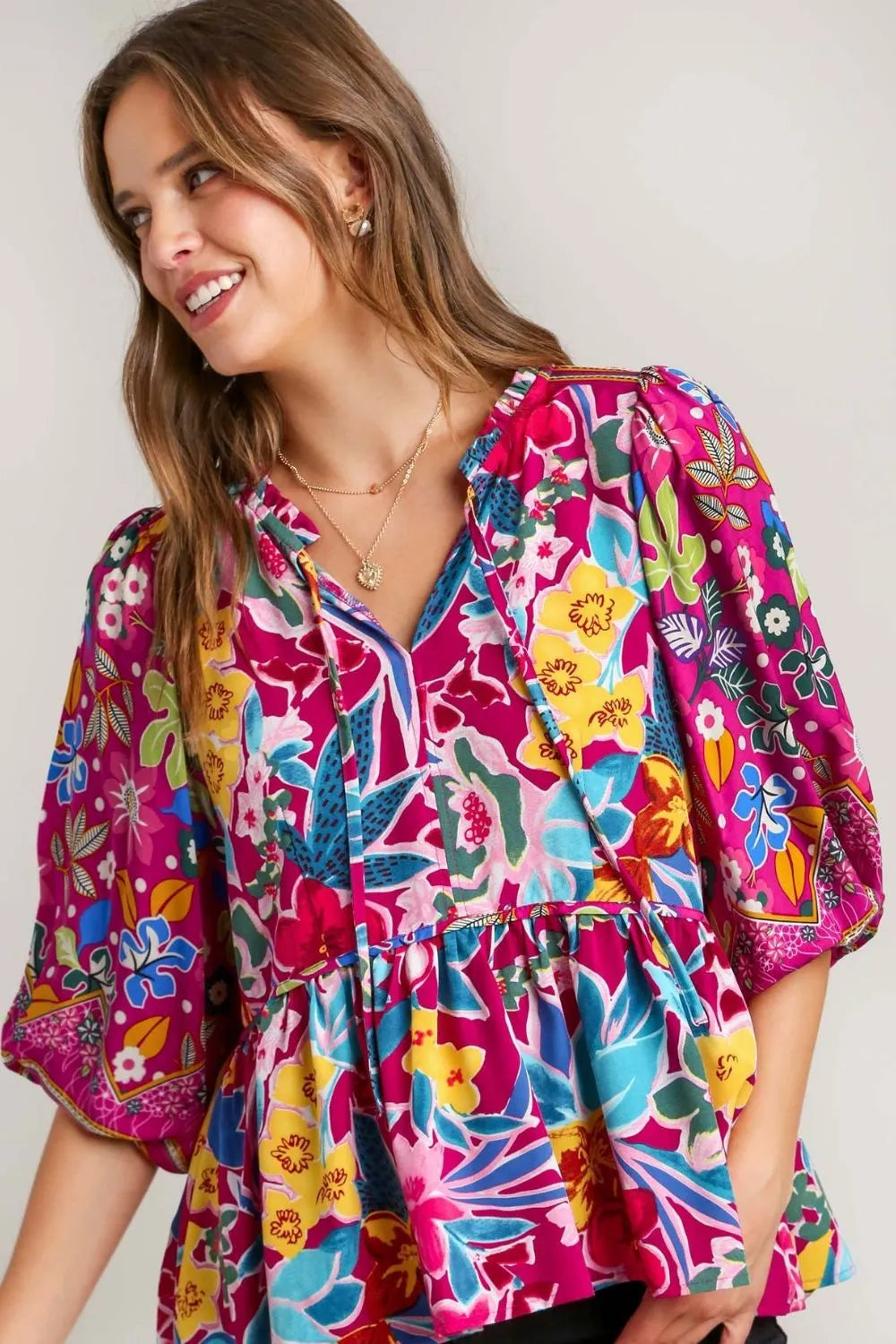 Umgee Full Size Floral Print Tie Neck Peplum Blouse Plus Size - LoveNest Treasures