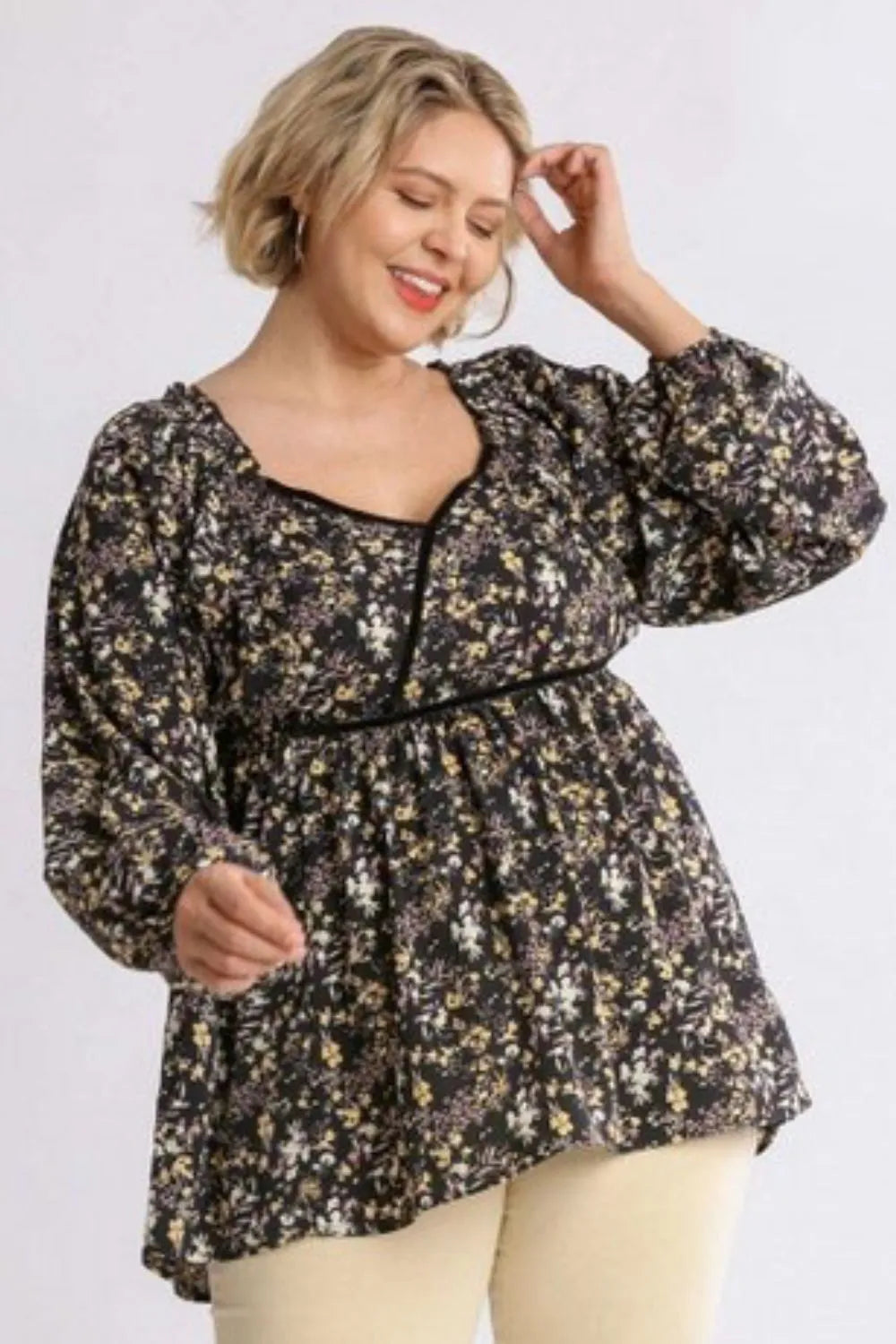 Umgee Full Size Floral Print Velvet Trimmed Balloon Sleeve Top Plus Size - LoveNest Treasures