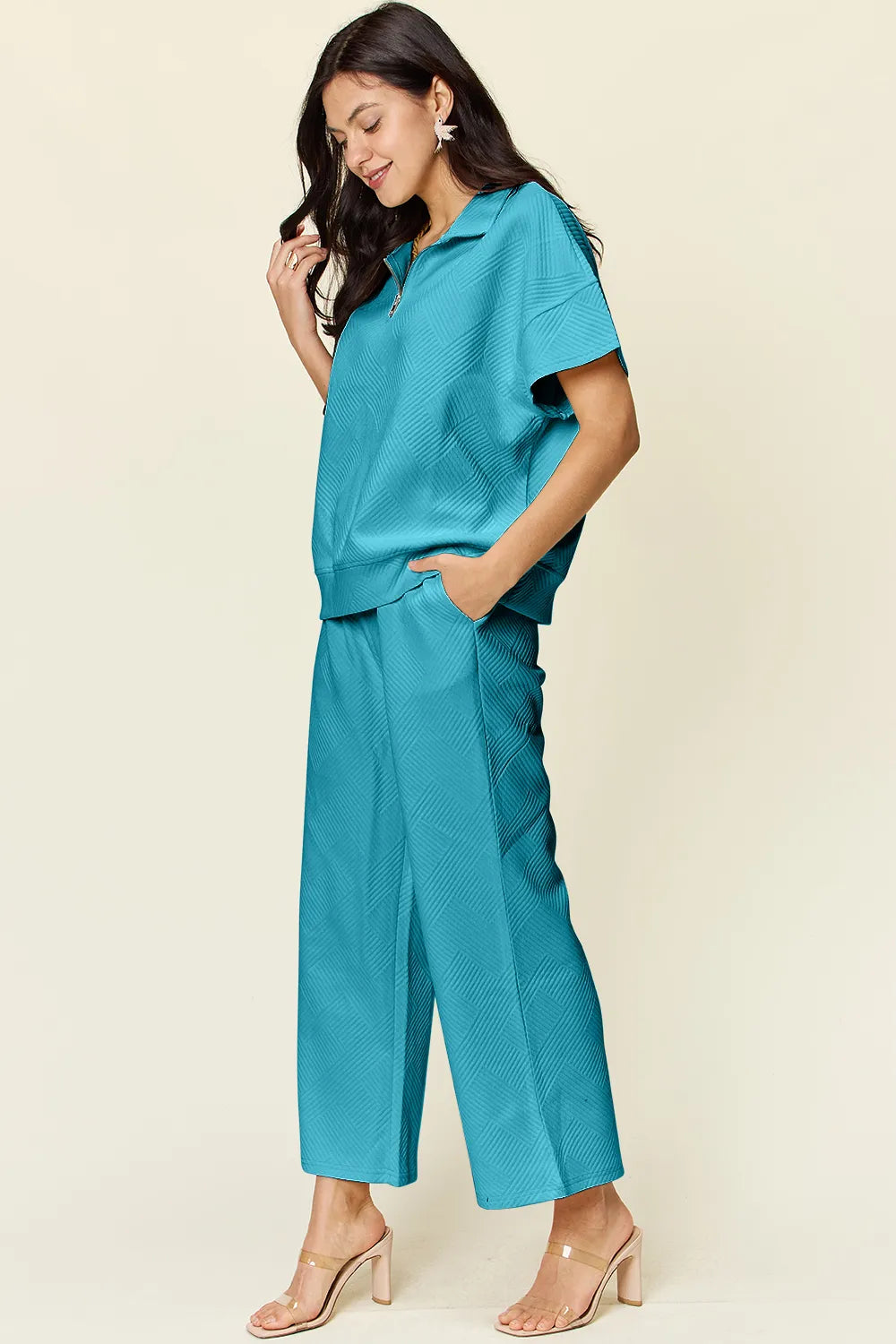Double Take Full Size Texture Half Zip Short Sleeve Top and Pants Set - LoveNest Treasures