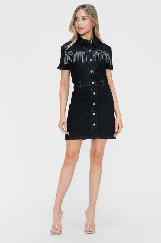 Full Size Embellished Button Down Short Sleeve Denim Dress - LoveNest Treasures