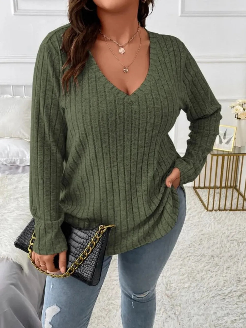 Plus Size V-Neck Long Sleeve T-Shirt - LoveNest Treasures