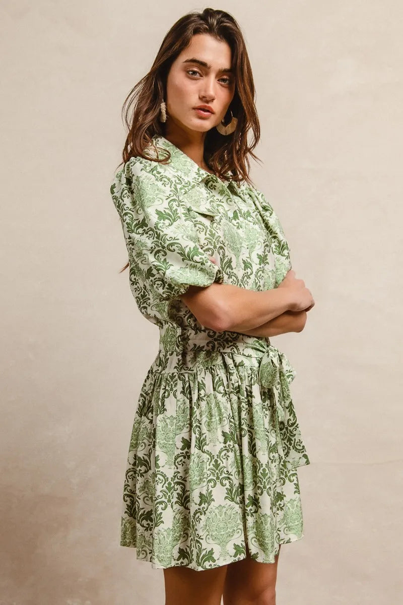 BiBi Tied Floral Short Sleeve Mini Shirt Dress - LoveNest Treasures