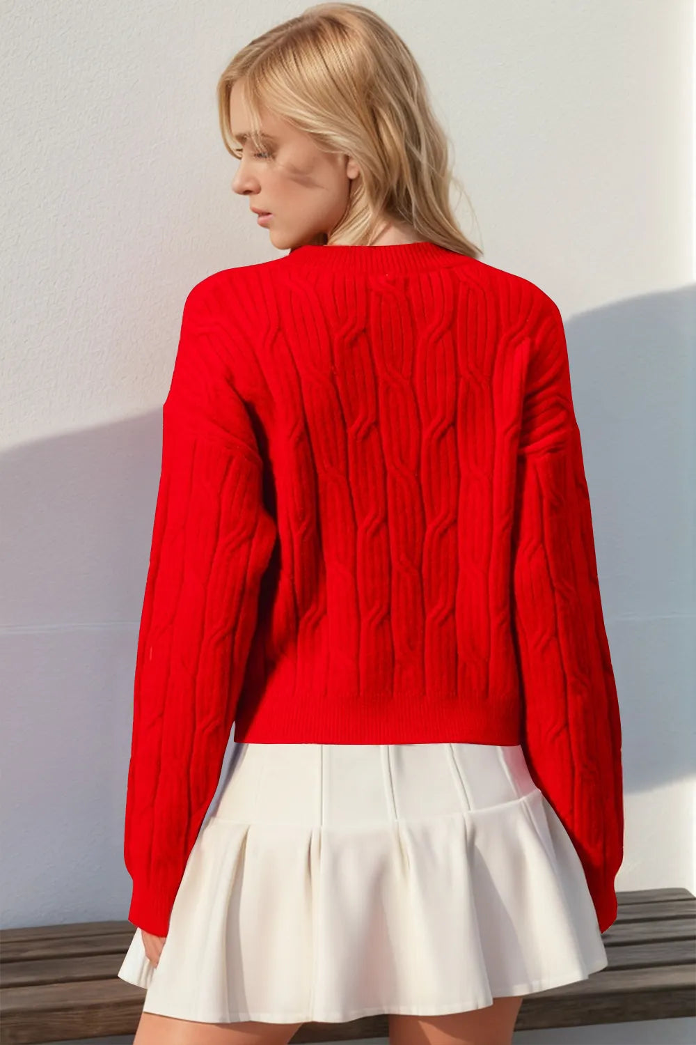 Double Take Full Size Bow Cable-Knit Round Neck Sweater - LoveNest Treasures