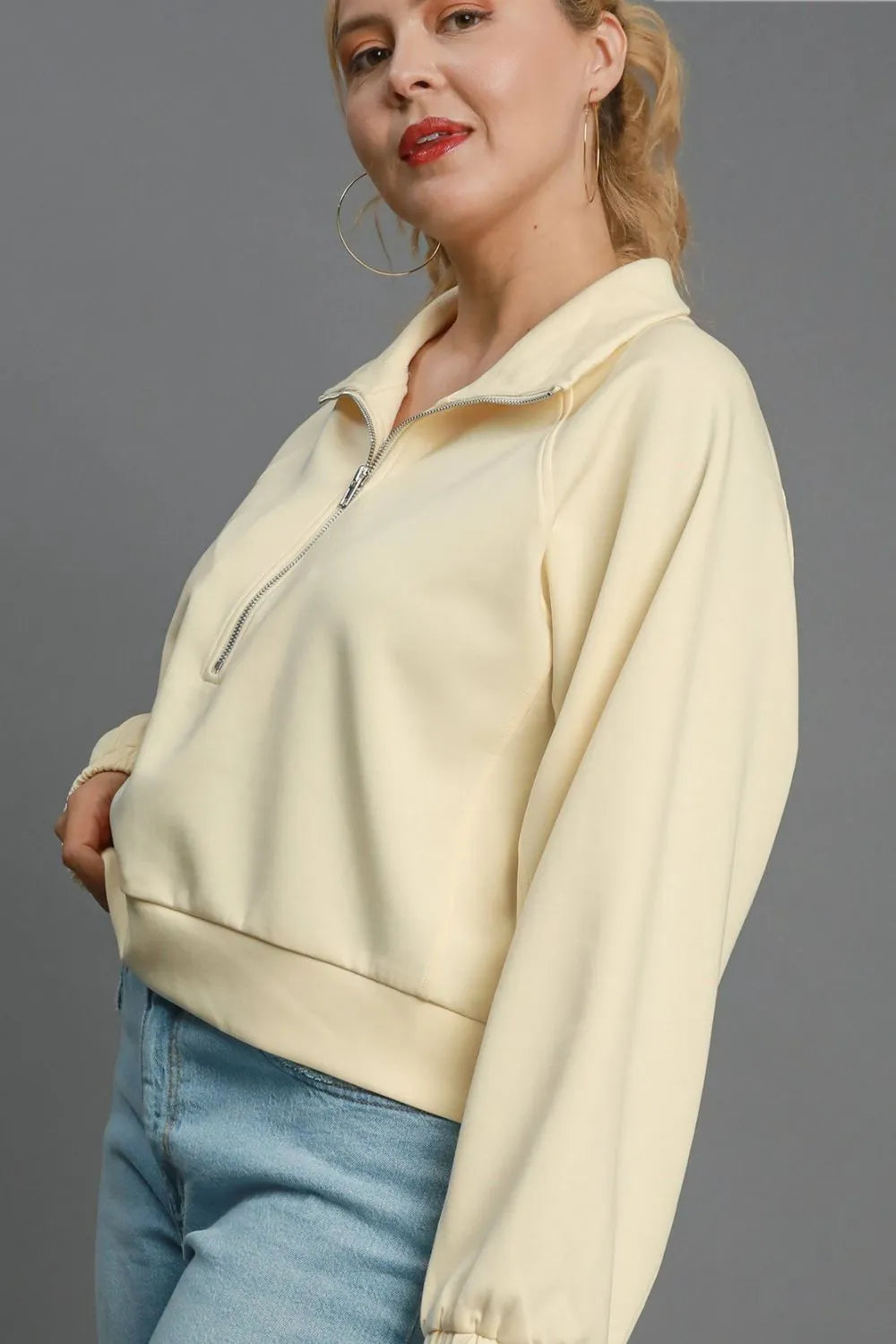 Umgee Full Size Half Zip Cropped Sweatshirt Plus Size - LoveNest Treasures