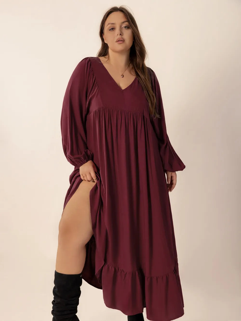 Plus Size Ruffled Hem V-Neck Balloon Sleeve Dress - LoveNest Treasures