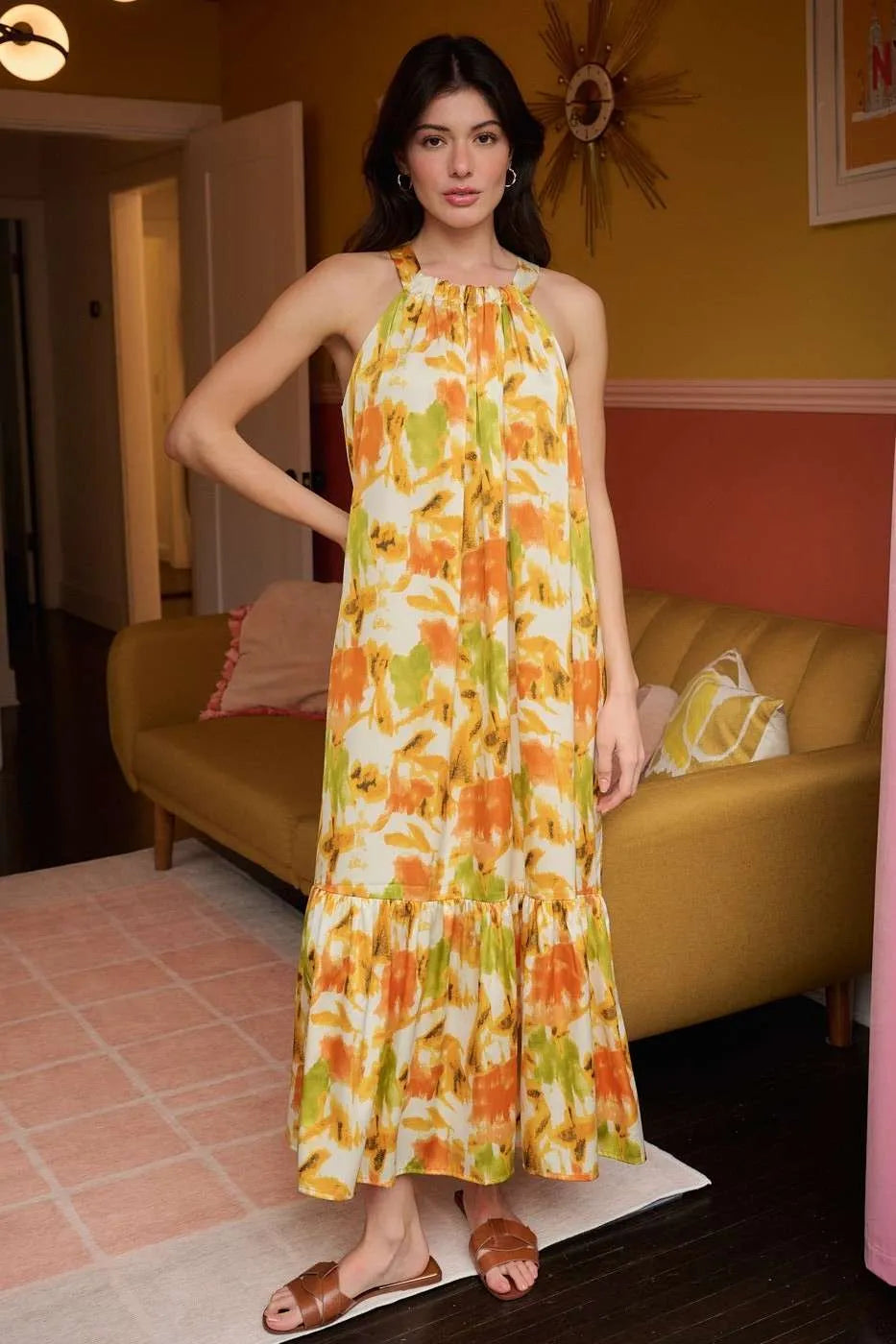 Mittoshop Watercolor Print Halter Neck Satin Maxi Dress - LoveNest Treasures