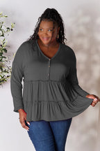 Double Take Half Button Long Sleeve Ruffle Hem Blouse - LoveNest Treasures