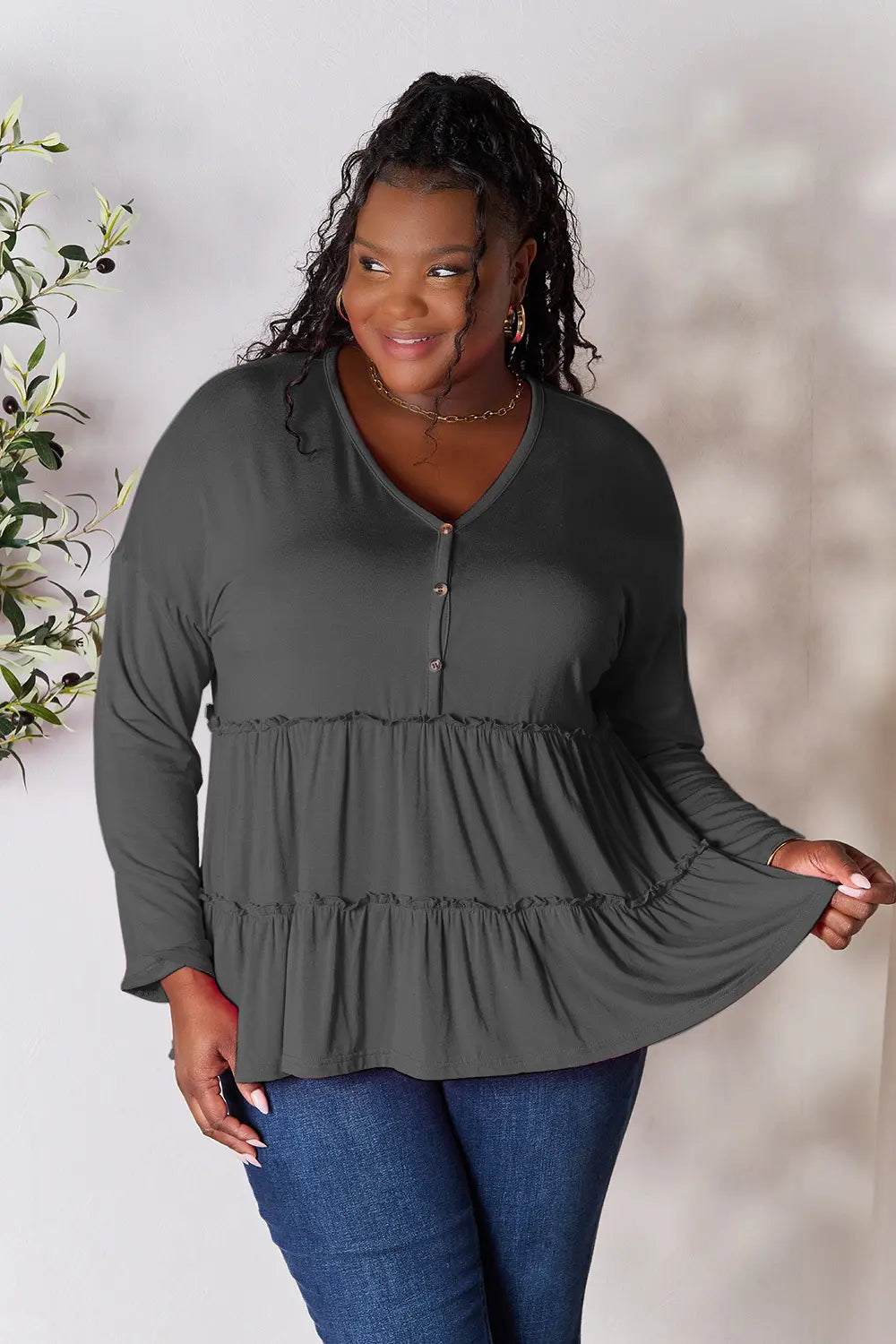Double Take Half Button Long Sleeve Ruffle Hem Blouse - LoveNest Treasures