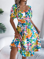 Ruffled Hem Smocked Floral Short Sleeve Midi Dress - LoveNest Treasures