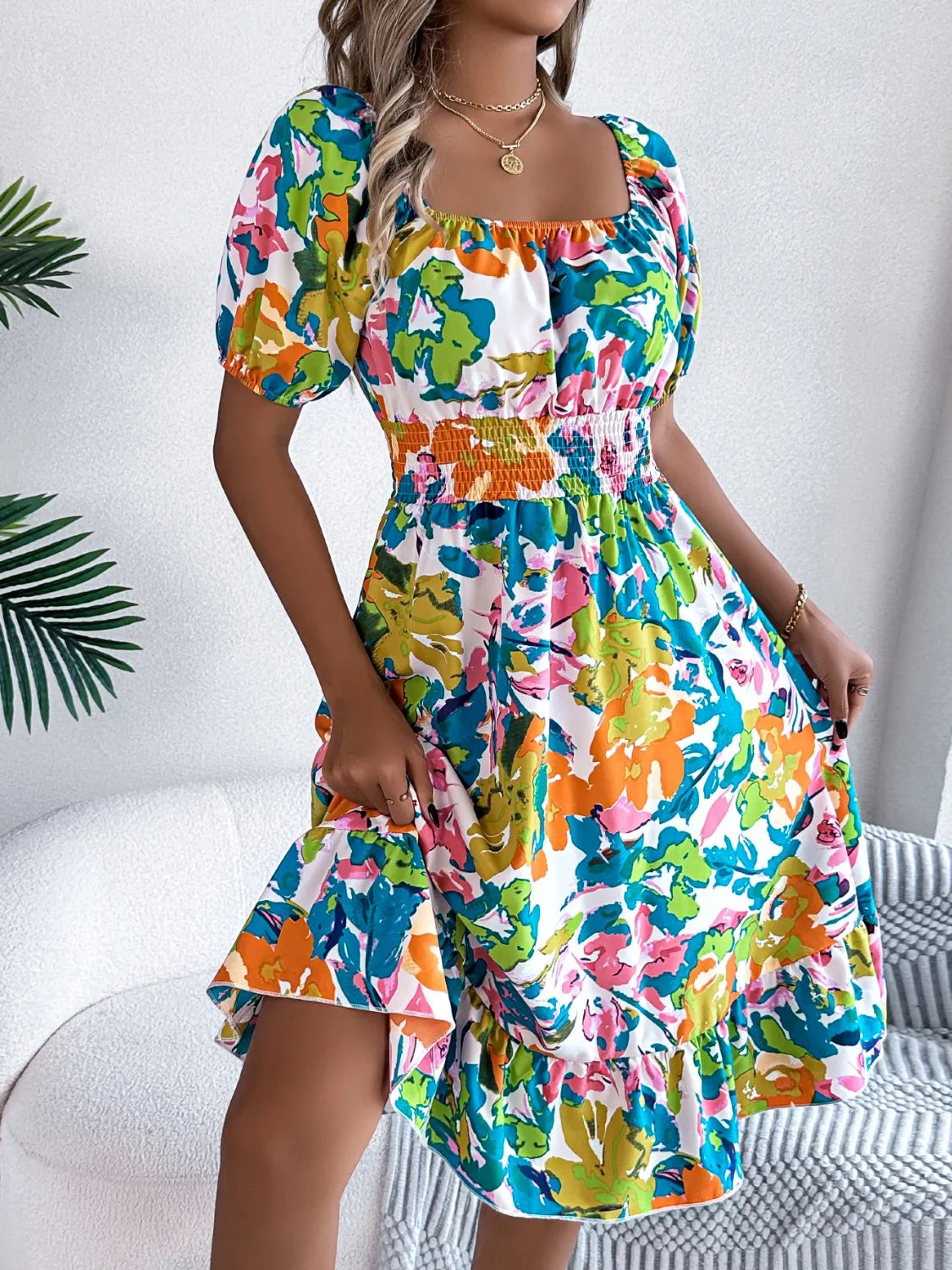 Ruffled Hem Smocked Floral Short Sleeve Midi Dress - LoveNest Treasures