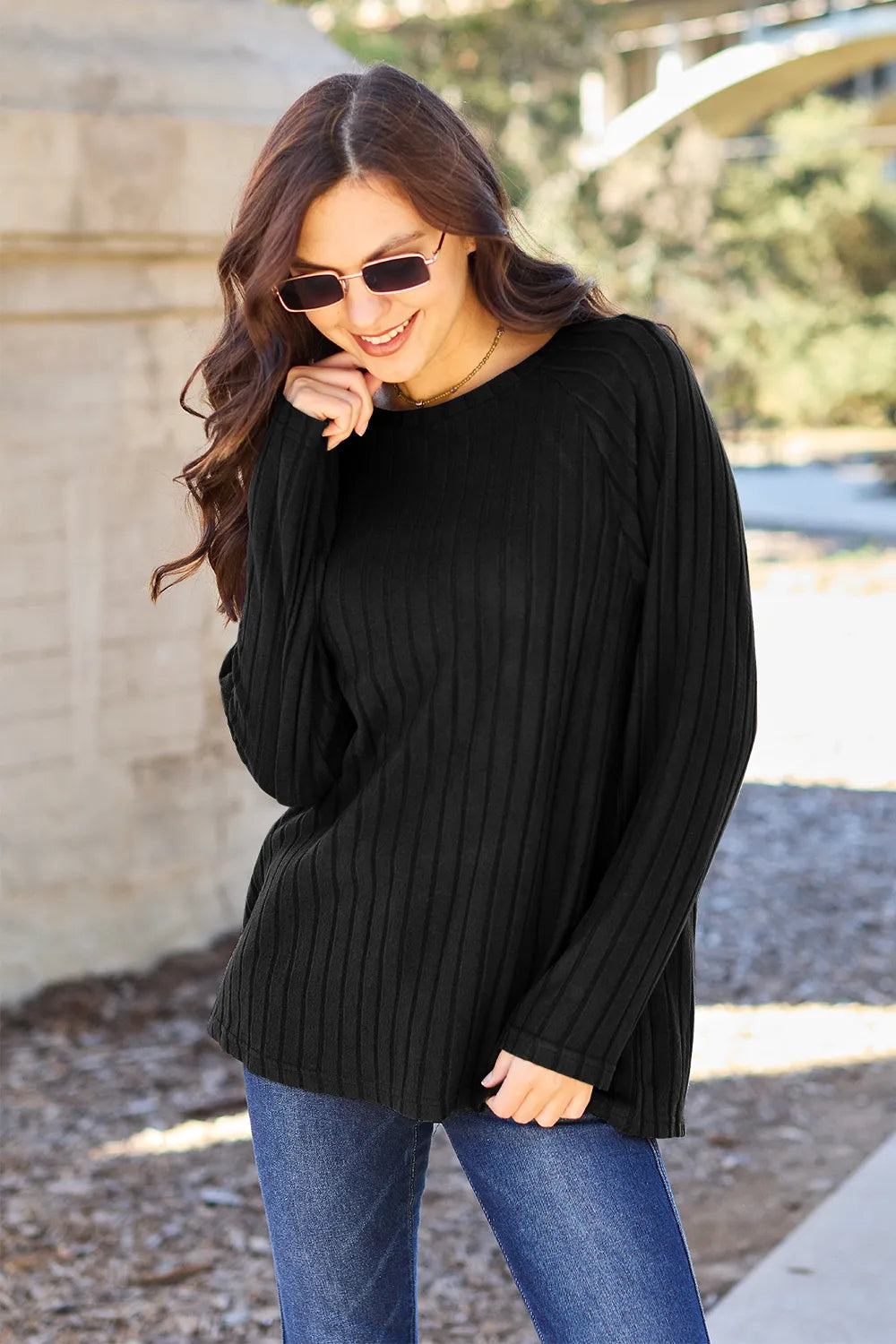 Basic Bae Full Size Ribbed Round Neck Long Sleeve Knit Top - LoveNest Treasures