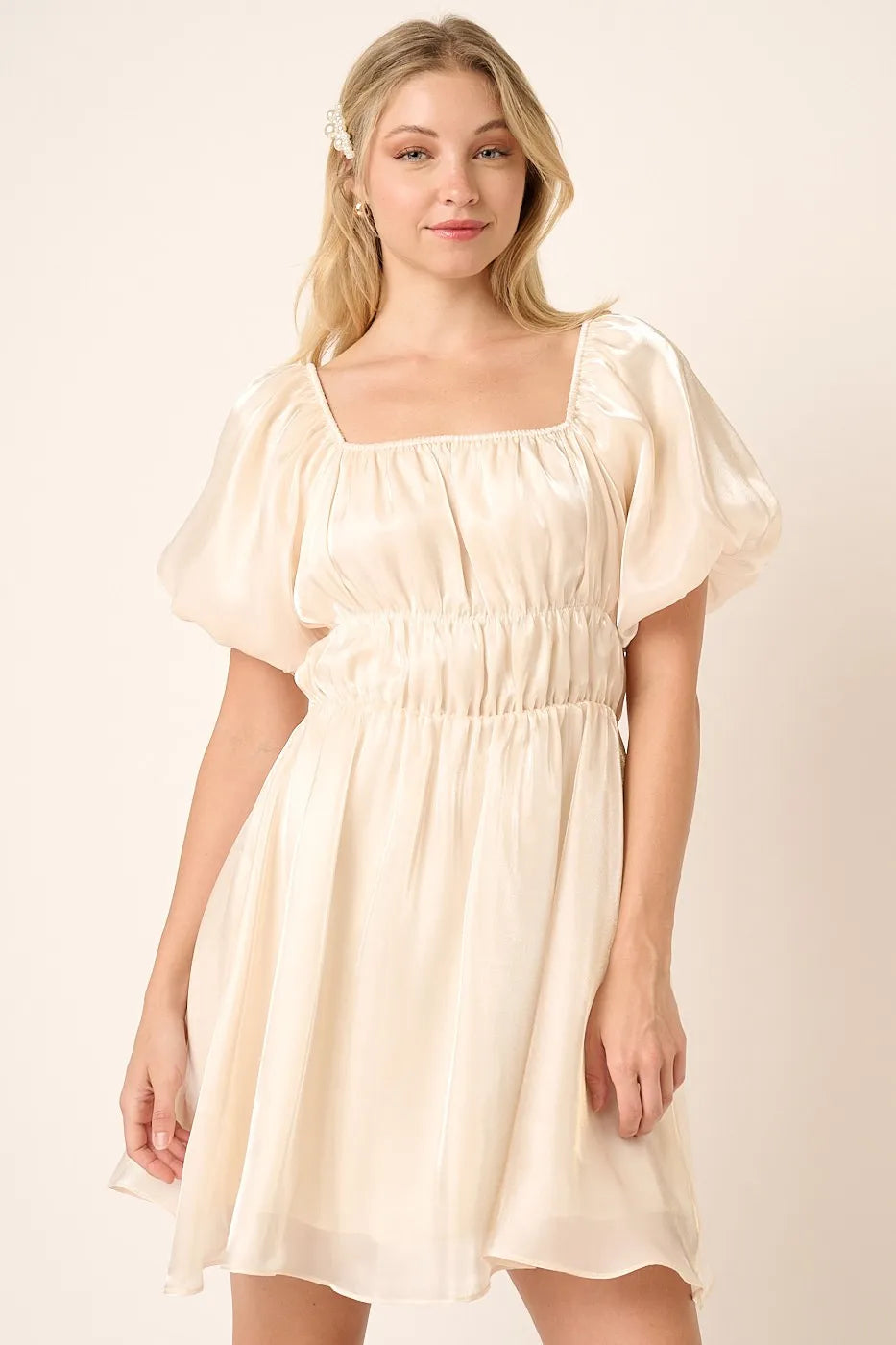 Mittoshop Metallic Organza Fabric Balloon Sleeve Mini Dress - LoveNest Treasures
