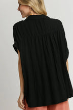 Umgee Full Size Textured Button Down Short Sleeve Shirt Plus Size - LoveNest Treasures