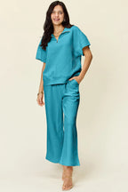 Double Take Full Size Texture Half Zip Short Sleeve Top and Pants Set - LoveNest Treasures