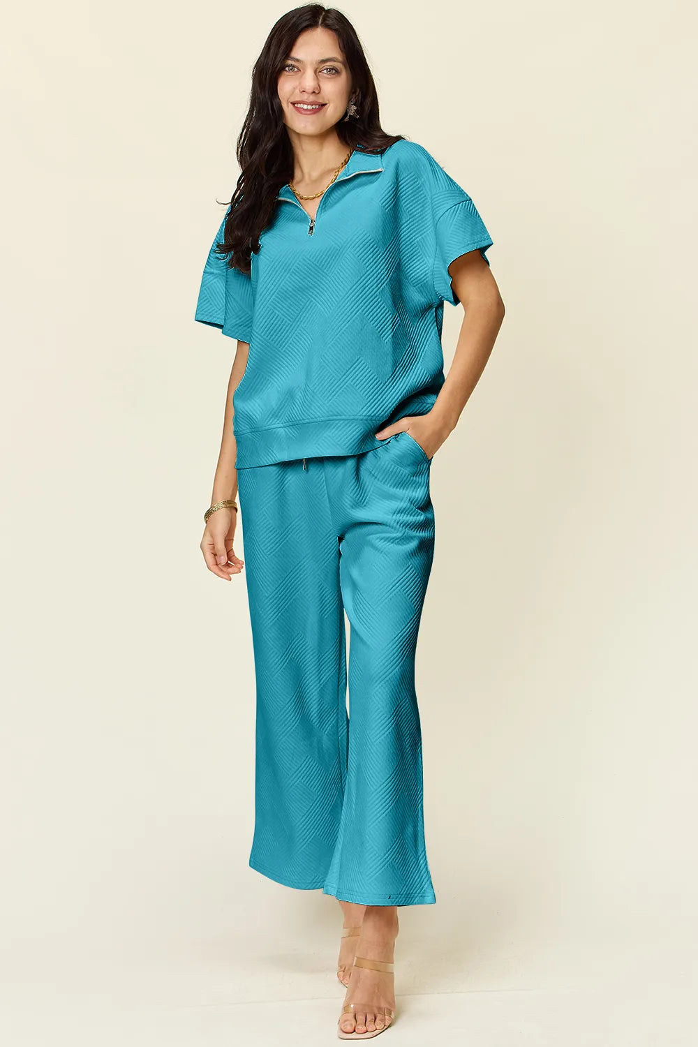 Double Take Full Size Texture Half Zip Short Sleeve Top and Pants Set - LoveNest Treasures