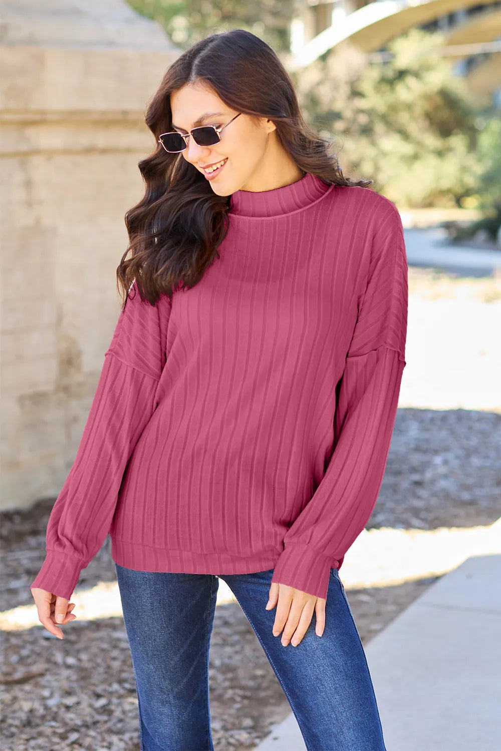 Basic Bae Full Size Ribbed Exposed Seam Mock Neck Knit Top - LoveNest Treasures