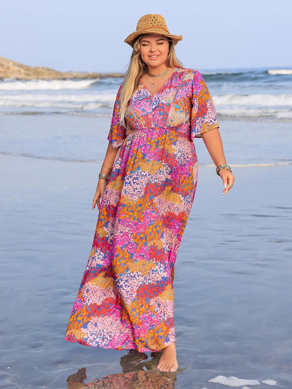 Plus Size Printed V-Neck Half Sleeve Maxi Dress - LoveNest Treasures