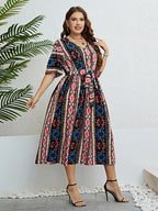 Honey Plus Size Bohemian V-Neck Tie Belt Midi Dress - LoveNest Treasures