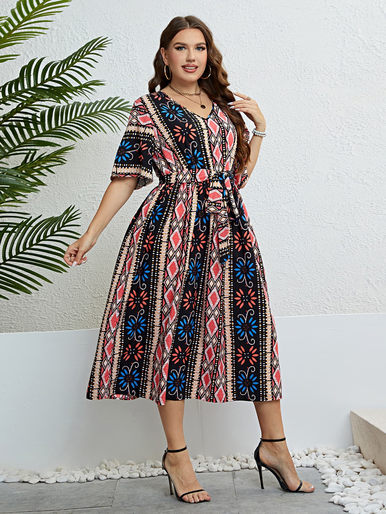 Honey Plus Size Bohemian V-Neck Tie Belt Midi Dress - LoveNest Treasures