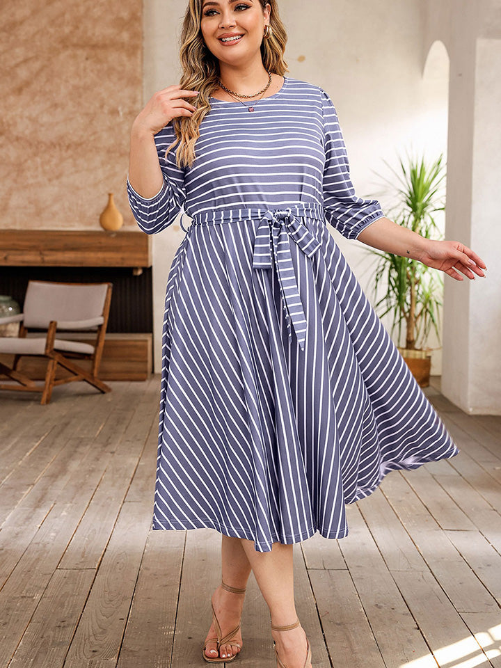 Plus Size Round Neck Striped Tie Waist Dress - LoveNest Treasures