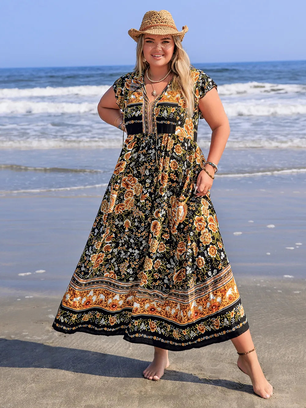 Plus Size Printed V-Neck Ruffle Cap Sleeve Maxi Dress - LoveNest Treasures